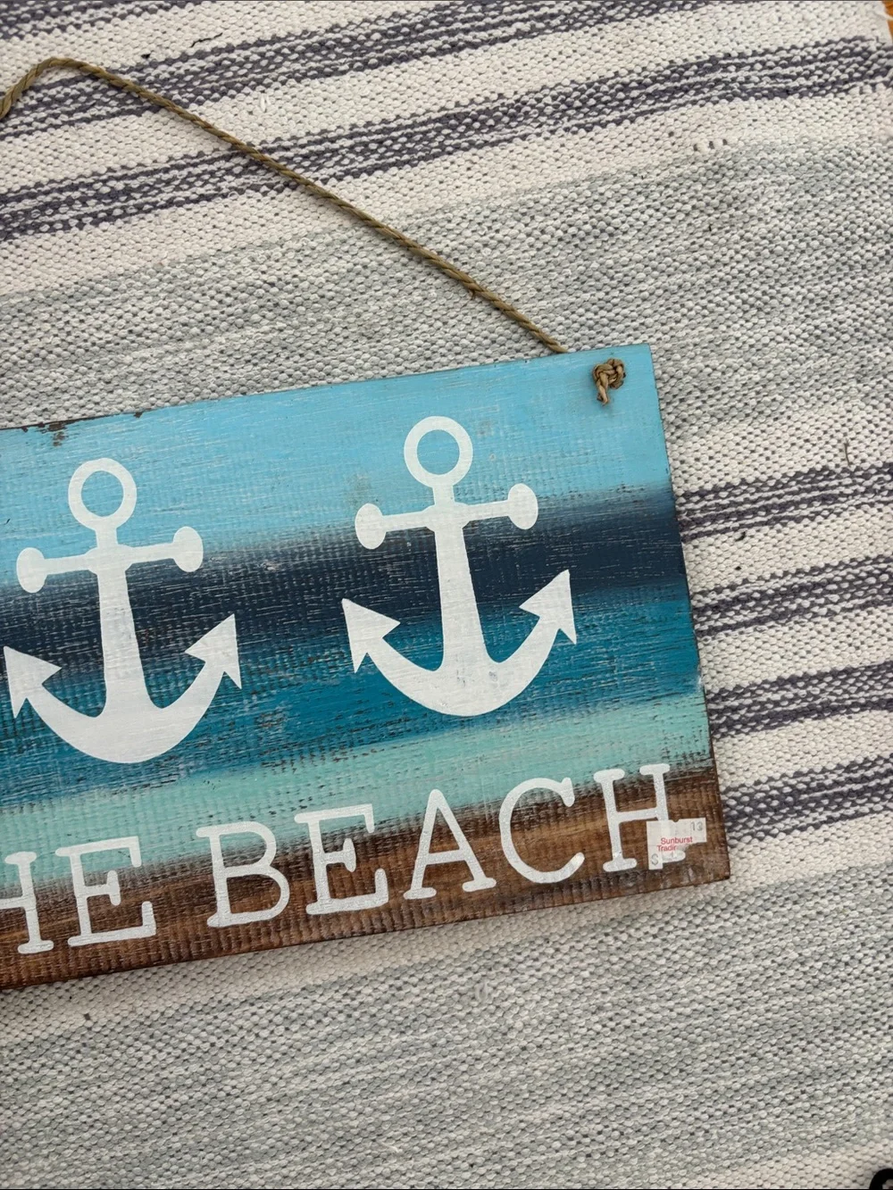 Coastal 'At The Beach' Anchor Wood Sign - Aqua & Turquoise Measurement 15.5 x8